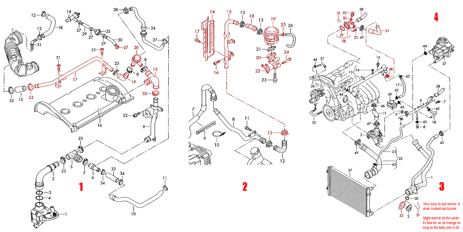 Diagram of parts to remove for coolant flange repair