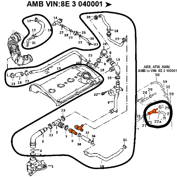 Diagram of sludged crankcase ventilation parts (Audi A4 1.8L engine)