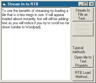 screenshot - test app comparing EM_STREAMIN method of loading a RichTextBox